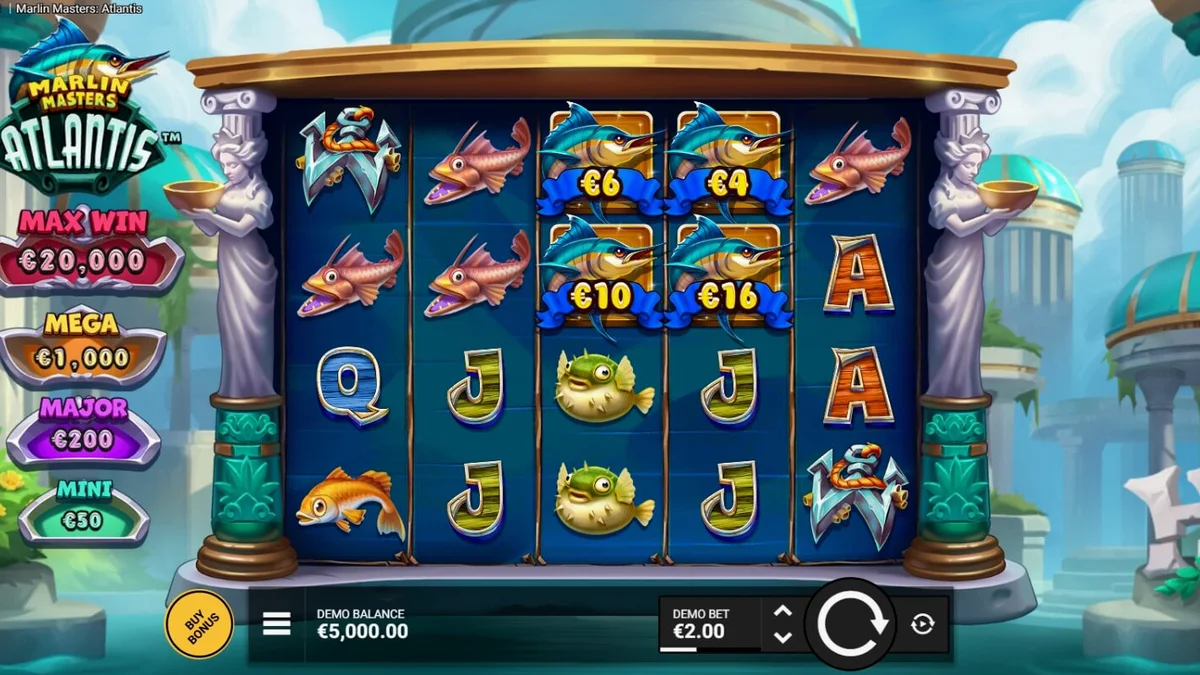 Pemandangan kota Atlantis yang megah dalam slot Marlin Masters Atlantis
